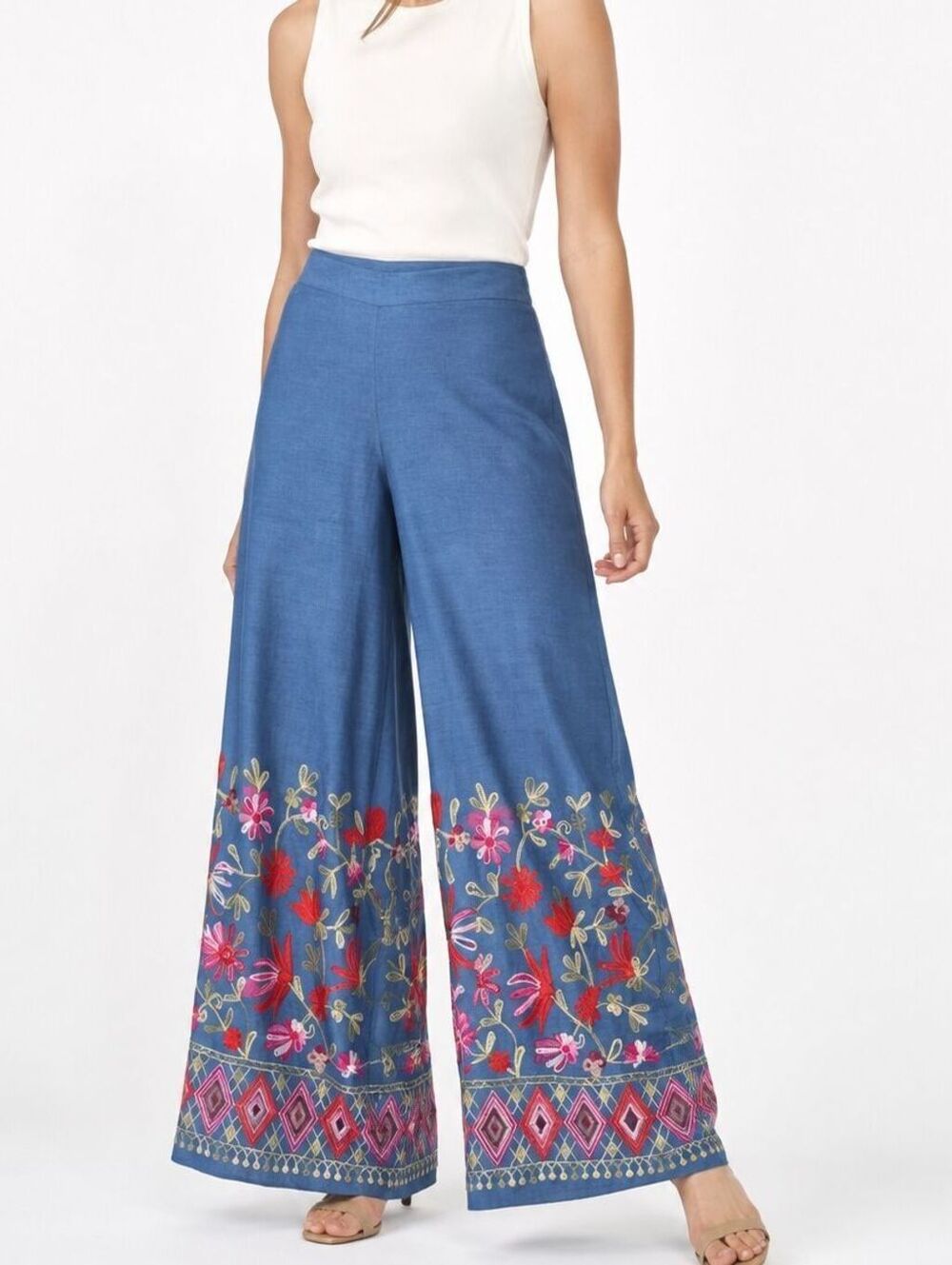 Yvalades Women’s Blue Embroidered Wide Leg Cotton Pants Made in Italy - 12 EUC